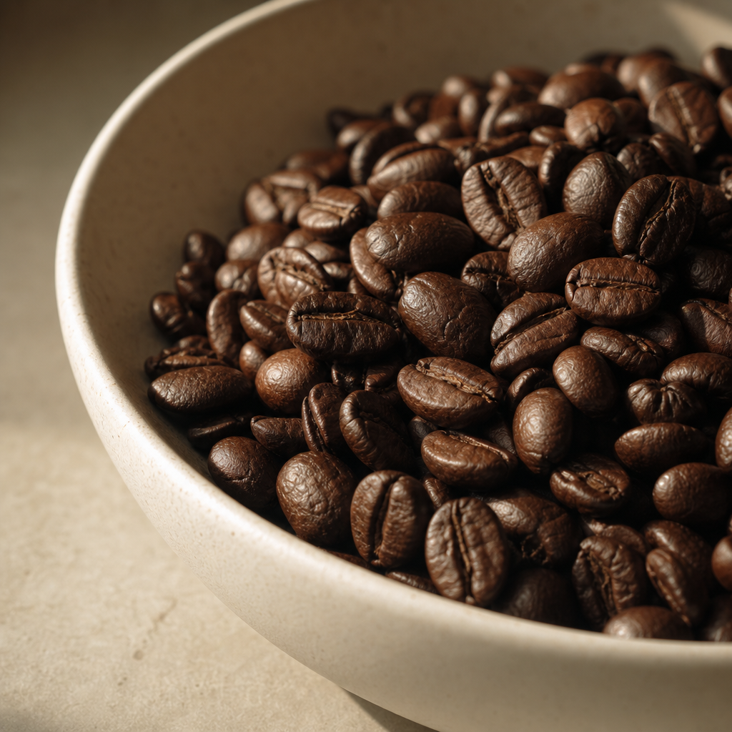 Fresh whole coffee beans piled in a ceramic dish