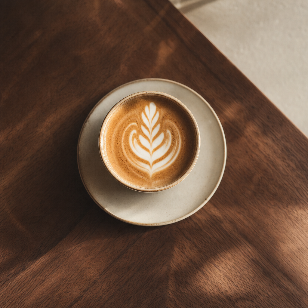 Cortado with rosetta latte art, top-down