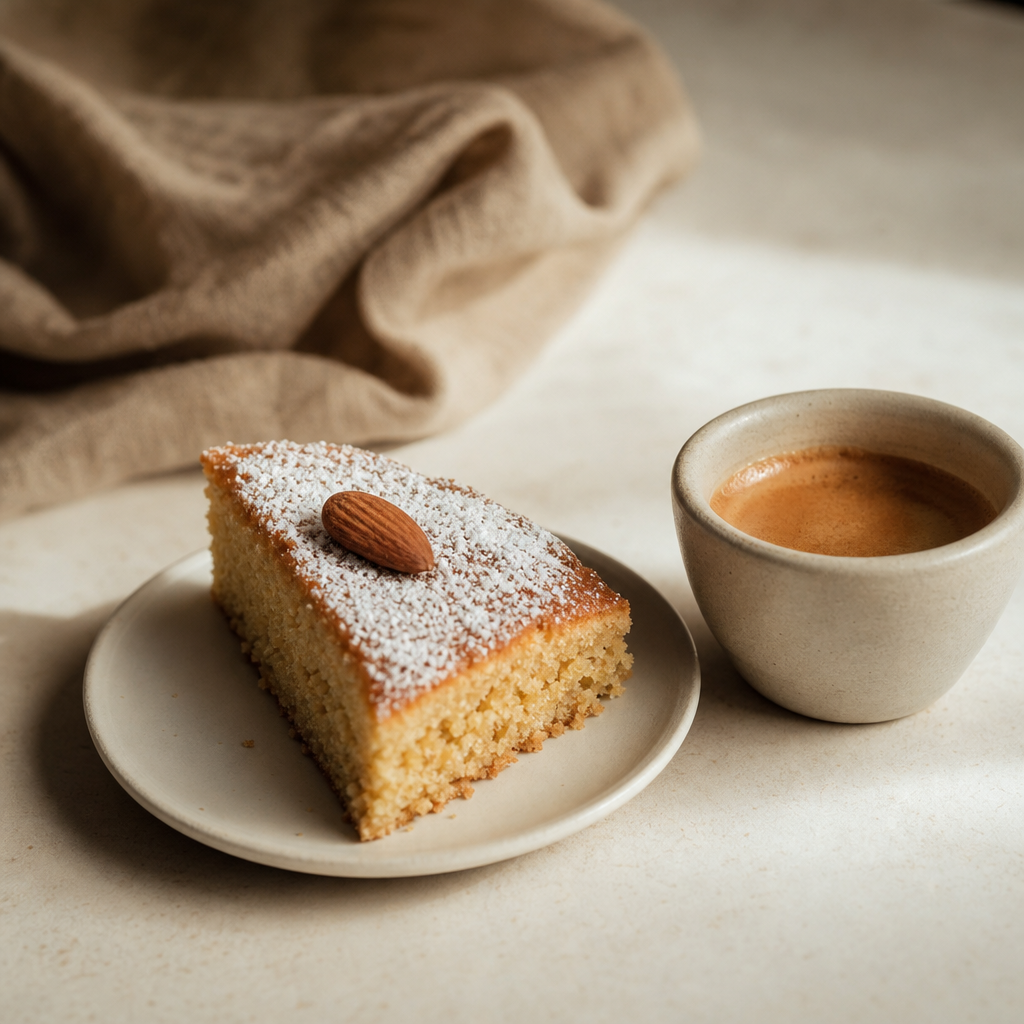 Slice of almond cake on a small plate