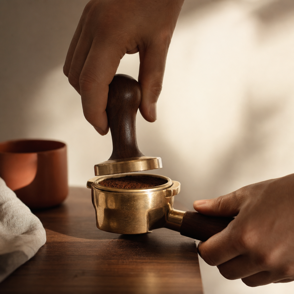 Hands tamping espresso into a portafilter